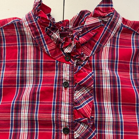 Gap Womens Red Check The Fitted Boyfriend Shirt Size XL Button Front Ruffle Neck - Picture 3 of 14